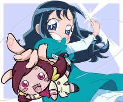  2girls :d blue_background blue_eyes blue_hair blush character_doll commentary_request dress grin hanasaki_tsubomi happy heartcatch_precure! holding holding_needle kurumi_erika long_hair low_twintails multiple_girls needle open_mouth photoshop_(medium) pink_eyes pink_hair precure sewing sinko_(sinsin) smile string twintails 