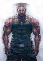  1boy american_flag american_flag_tattoo baggy_pants belt blonde_hair boyaking camouflage commentary_request dog_tags flattop guile male_focus muscular pants pectorals photoshop_(medium) realistic solo street_fighter tank_top tattoo united_states 