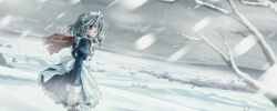  braids dualscreen izayoi_sakuya maid red_eyes scarf short_hair touhou tree white_hair 