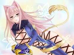  bad_id bad_pixiv_id bare_hips belt bodysuit book breasts center_opening cleavage_cutout clothing_cutout female fur_trim glasses hair_intakes large_breasts long_hair mizuki_miyu pink_eyes pink_hair presa_(tales) skin_tight smile solo tail tales_of_(series) tales_of_xillia 