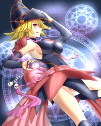  alexmaster blonde_hair breasts cellphone cellphone_charm cellphone_strap charm_(object) commentary_request decagram detached_sleeves duel_monster elbow_gloves female gagaga_girl gloves hat highres large_breasts phone red_eyes skull solo wizard_hat yu-gi-oh! yu-gi-oh!_zexal 