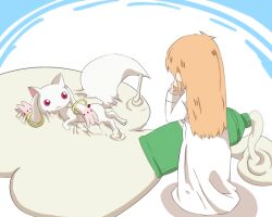  blonde_hair commentary_request crossover female glue kyuubee lab_coat long_hair looking_at_another mahou_shoujo_madoka_magica mahou_shoujo_madoka_magica_(anime) mihune nichijou orange_hair oversized_object professor_shinonome solo_focus straight_hair 