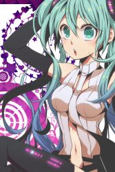  aqua_eyes aqua_hair arm_up bad_id bad_pixiv_id black_legwear breasts chonnbo elbow_gloves female gloves hatsune_miku hatsune_miku_(append) highres leg_up legs long_hair medium_breasts navel necktie open_mouth solo thighs twintails vocaloid vocaloid_append 