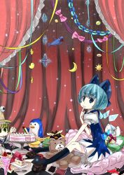  2girls bad_id bad_pixiv_id bird blonde_hair blue_eyes blue_hair bow box cake candy cirno cirno_day crescent crumbs eating finger_to_mouth food food_on_face frills frog fruit gift gift_box green_eyes grief_seed hairbow hat ice_cream kamakura_(nichijou) kokono_(sakaebaka) mahou_shoujo_madoka_magica mahou_shoujo_madoka_magica_(anime) mawaru_penguindrum mobile mogura_(nichijou) moriya_suwako multiple_girls nichijou penguin photoshop_(medium) pocky rabbit shark short_hair sitting spoon star_(symbol) strawberry stuffed_animal stuffed_toy sun teddy_bear touhou toy wings 