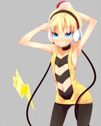  armpits badge blonde_hair blue_eyes bolt_badge commentary_request elesa_(pokemon) female gym_leader_badge hato_haru headphones holding holding_poke_ball lightning_bolt_symbol navel pantyhose poke_ball poke_ball_(basic) pokemon pokemon_bw solo 