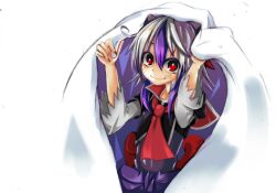  ascot blanket commentary_request female grey_hair hiding horns multicolored_hair oshino_hazure purple_hair red_eyes shirt smile solo tokiko_(touhou) touhou two-tone_hair 