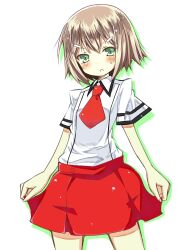  1boy baka_to_test_to_shoukanjuu blush brown_hair commentary_request crossdressing fumizuki_academy_school_uniform green_eyes hair_ornament hairclip highres kinoshita_hideyoshi male_focus otoko_no_ko school_uniform short_hair skirt skirt_hold solo sweatdrop ut_pictura_poesis 