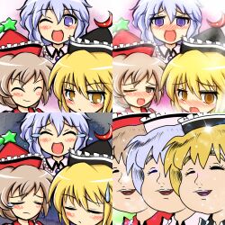  ^_^ bad_id bad_pixiv_id banned_artist blonde_hair blue_hair blush brown_eyes brown_hair chargeman_ken! closed_eyes crescent hat heavy_breathing kisaragi_zwei lowres lunasa_prismriver lyrica_prismriver merlin_prismriver multiple_girls one_eye_closed open_mouth parody purple_eyes short_hair star style_parody sweatdrop tears touhou yellow_eyes 