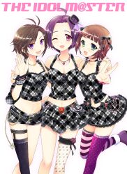  3girls amami_haruka asymmetrical_clothes bad_id bad_pixiv_id black_hair black_legwear brown_hair green_eyes hat highres idolmaster idolmaster_(classic) idolmaster_2 kikuchi_makoto kobato_neneko lace lace_legwear mini_hat mini_top_hat miura_azusa multiple_girls one_eye_closed photoshop_(medium) polka_dot polka_dot_legwear purple_eyes purple_hair purple_legwear short_hair striped_clothes striped_thighhighs thighhighs top_hat v 