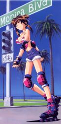  bikini bikini_top_only blue_shorts breasts brown_hair day denim denim_shorts female highres inline_skates large_breasts long_hair nanako_kaitai_shinsho official_art outdoors palm_tree photoshop_(medium) red_eyes roller_skates shichigusa_nanako shorts skates solo striped swimsuit tree yamashita_toshinari 