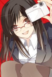  a_(pivot-nitidokui) bad_id bad_pixiv_id black_hair black_pantyhose brown_eyes camera female glasses open_mouth pantyhose red-framed_eyewear rikunabi_next rikunabi_next_miho-san smile solo 