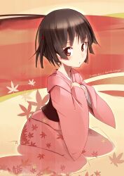  :o blush bob_cut brown_eyes brown_hair female hands_on_own_chest highres ikoku_meiro_no_croisee japanese_clothes kimono looking_at_viewer obi one_side_up pemu pink_kimono sash short_hair sitting solo wariza yune_(ikoku_meiro_no_croisee) 