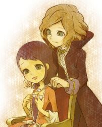  1boy anthony_herzen black_hair blonde_hair chair commentary_request couple female green_eyes jewelry necklace professor_layton putting_on_jewelry sitting smile sophia_(professor_layton) straight yukihiko 