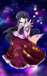  black_eyes black_hair branch commentary_request female highres houraisan_kaguya japanese_clothes jeweled_branch_of_hourai long_hair long_skirt photoshop_(medium) skirt smile solo t.o.d touhou very_long_hair wide_sleeves 