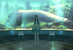  animal aquarium arapaima bag barefoot black_hair checkered_floor commentary_request female fish flat_chest hair_censor hair_over_breasts kizaki_(volvox) legs long_hair navel nude original oversized_animal solo standing 