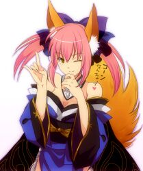  animal_ears bad_id bad_pixiv_id bare_shoulders bow breasts brown_eyes cleavage detached_sleeves dress fate/extra fate_(series) female fox_ears fox_girl fox_shadow_puppet fox_tail gold_trim hair_ribbon hairbow heart izru japanese_clothes medium_breasts one_eye_closed pink_hair ribbon short_hair short_twintails sidelocks smile tail tamamo_(fate) tamamo_no_mae_(fate/extra) translated twintails 