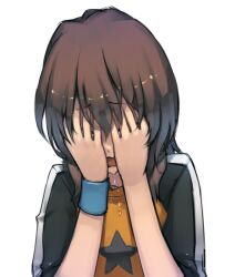  bad_id bad_pixiv_id brown_hair closed_eyes copyright_request covering_face crying female hands hands_on_own_face lvans open_mouth photoshop_(medium) raglan_sleeves short_hair simple_background solo star_(symbol) tears wavy_mouth wristband 