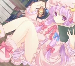  bad_id bad_pixiv_id book bow crescent dress female frills hairbow hat izumiyuhina lantern long_hair patchouli_knowledge purple_eyes purple_hair shoes sitting solo thighs touhou 