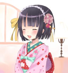  ^_^ absurdres bad_id bad_pixiv_id black_hair blunt_bangs blunt_ends blush closed_eyes female floral_print floral_print_sash flower hair_flower hair_ornament highres ikoku_meiro_no_croisee indoors japanese_clothes kimono maid maid_headdress obi petite pink_kimono pokachu sash short_hair smile solo upper_body wa_maid yune_(ikoku_meiro_no_croisee) 