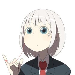  blue_eyes commentary_request female ken_(koala) necktie original pale_skin photoshop_(medium) pinky_out school_uniform short_hair simple_background solo string string_of_fate uniform white_background white_hair 