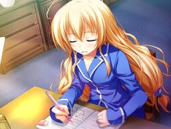  akatsuki_no_goei blonde_hair blue_eyes bow cleavage game_cg kurayashiki_tae long_hair pajamas sleeping tomose_shunsaku 