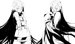  2girls absurdres bandages cape commentary_request fangs glasses greyscale highres irohara_mitabi line_art long_hair monochrome multiple_girls niounomiya_izumu niounomiya_rizumu siblings straitjacket very_long_hair zaregoto_series 