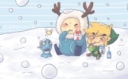  1boy anouki antlers belt blonde_hair boots chuchu_(zelda) ciela closed_eyes cold commentary_request eating fairy horns ice link pointy_ears sitting smile snow snowing the_legend_of_zelda the_legend_of_zelda:_phantom_hourglass the_legend_of_zelda:_the_wind_waker toon_link tsutsuji tunic wings winter 