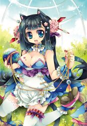  :d animal_ears bad_id bad_pixiv_id ball black_hair blue_eyes blue_wrist_cuffs bow breasts cleavage female fingernails flower frilled_wrist_cuffs frills full_body hair_flower hair_ornament hairpin happy kneeling leaf long_hair medium_breasts nail_polish open_mouth original photoshop_(medium) red_nails ribbon sana.c shoes sitting smile solo thighhighs wariza white_thighhighs wrist_cuffs 