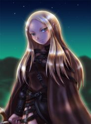  belt blonde_hair boken_fantasy cape claymore_(series) commentary_request female grey_eyes irene_(claymore) long_hair night pointy_ears solo star_(sky) sword weapon 