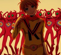  1boy alien bodysuit brown_hair chargeman_ken! crazy_eyes empty_eyes evil_smile gloves highres horror_(theme) izumi_ken jural light_smile looking_at_viewer male_focus mido_(byebyebye03) red_scarf scarf shadow simple_background smile torn_clothes white_gloves yellow_bodysuit 