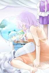  3girls alternate_costume barefoot bed blanket blue_hair bow breasts chibi cirno closed_eyes commentary_request daiyousei green_hair hairbow ice large_breasts letty_whiterock multiple_girls phenne pillow strap_slip touhou tree water wings |_| 