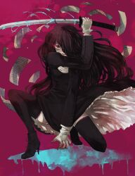  brown_hair clona commentary_request female gloves glowing glowing_eyes hair_over_one_eye hellsing high_heels katana long_hair on_one_knee paper red_eyes shoes solo sword takagi_yumie thighhighs weapon 