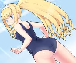  ass blonde_hair blue_eyes commentary_request dream_c_club dream_c_club_(series) dream_c_club_zero drill_hair female haruka_(dream_c_club) long_hair looking_back one-piece_swimsuit photoshop_(medium) ponytail school_swimsuit shougi_(116) sidelocks solo split_ponytail swimsuit twin_drills 