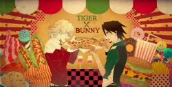  2boys barnaby_brooks_jr. blonde_hair brown_eyes brown_hair burger commentary_request facial_hair food fried_rice glasses green_eyes holding holding_food holding_pizza hot_dog ice_cream jacket kaburagi_t._kotetsu male_focus multiple_boys necktie pizza red_jacket stubble tiger_&amp;_bunny vest waistcoat yumeko_(poison) 