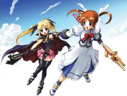  2girls bardiche_(assault_form)_(nanoha) bardiche_(nanoha) blonde_hair blue_eyes brown_hair commentary_request fate_testarossa fate_testarossa_(lightning_form) fingerless_gloves full_body gloves henshako holding_hands long_hair lyrical_nanoha magical_girl mahou_shoujo_lyrical_nanoha mahou_shoujo_lyrical_nanoha_a&#039;s multiple_girls photoshop_(medium) raising_heart raising_heart_(buster_mode) red_eyes showgirl_skirt takamachi_nanoha takamachi_nanoha_(sacred_mode) thighhighs twintails weapon 