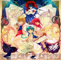  2girls 6+boys aladdin_(magi) ali_baba_saluja aqua_eyes aqua_hair barefoot blonde_hair blue_hair braid commentary_request ja&#039;far_(magi) judal ka_koubun keffiyeh long_hair magi_the_labyrinth_of_magic masrur midriff morgiana multiple_boys multiple_girls photoshop_(medium) red_eyes red_hair ren_hakuryuu ren_kougyoku scar shishio_(shishio5431) short_hair sinbad_(magi) single_braid smile staff sword turban weapon yellow_eyes 