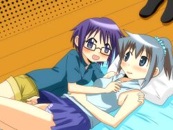  3girls blush commentary_request glasses hidamari_sketch hiro_(hidamari_sketch) karuta_(karuta01) lying multiple_girls nori_(hidamari_sketch) panties pantyshot sae_(hidamari_sketch) short_hair striped_clothes striped_panties underwear yuri 