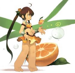  arancia bad_feet bare_shoulders barefoot brown_hair commentary_request female food fruit highres koki_(ryoushikiha) long_hair midriff miniskirt orange_(fruit) orange_skirt original skirt smile solo toes twintails very_long_hair 