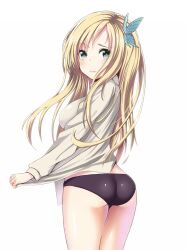  ass bad_id bad_pixiv_id black_panties blonde_hair blue_eyes blush boku_wa_tomodachi_ga_sukunai breasts butterfly_hair_ornament female from_behind hair_ornament highres kashiwazaki_sena large_breasts lips long_hair looking_at_viewer looking_back no_pants panties pokachu shy simple_background solo underwear white_background 