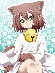  1boy :3 animal_ears animal_hands baka_to_test_to_shoukanjuu bell blush brown_hair cat_ears cat_paws commentary_request crossdressing extra_ears flower green_eyes hair_ornament hairclip japanese_clothes kemonomimi_mode kinoshita_hideyoshi male_focus otoko_no_ko pointy_ears short_hair smile solo yuizawa 