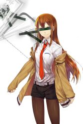  bar_censor black_shorts brown_hair censored commentary_request female highres identity_censor jacket long_hair makise_kurisu necktie pantyhose pantyhose_under_shorts red_necktie samuraig shorts solo steins;gate 