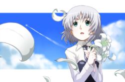  cloud commentary_request day female flower green_eyes grey_hair lily_(flower) military military_uniform necktie open_mouth petals sanya_v._litvyak short_hair sky solo strike_witches tabigarasu uniform world_witches_series 