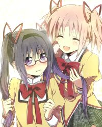  2girls akemi_homura alternate_hairstyle bad_id bad_pixiv_id black_hair blush bow brushing_another&#039;s_hair brushing_hair closed_eyes glasses hair_brush hair_ribbon hairband highres kaname_madoka long_hair mahou_shoujo_madoka_magica mahou_shoujo_madoka_magica_(anime) mitakihara_school_uniform mitsu_yomogi multiple_girls open_mouth pink_hair purple_eyes red-framed_eyewear ribbon school_uniform short_twintails smile spoilers twintails wavy_mouth 