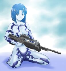  animification bad_id bad_pixiv_id battle_rifle blue_eyes blue_hair blue_skin censored colored_skin convenient_censoring cortana female gun halo_(series) kurirou nude rifle sitting smile weapon 