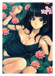  bad_id bad_pixiv_id bare_shoulders black_eyes black_hair blush breasts camisole copyright_request cross cross_necklace dackq female flower hair_flower hair_ornament jewelry lily_pad long_hair looking_at_viewer medium_breasts necklace off_shoulder partially_submerged pink_flower scrunchie solo water water_lily_flower wet wet_clothes wrist_scrunchie 