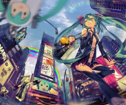  &gt;_&lt; +_+ 1boy 2girls american_flag aqua_hair bag black_skirt blonde_hair bow budweiser building chevrolet chinese_commentary city cityscape closed_eyes cloud commentary_request dan_evan day handbag hatsune_miku kagamine_len kagamine_rin long_hair megurine_luka miniskirt multiple_girls new_york_city photoshop_(medium) pleated_skirt rainbow real_world_location shorts skirt skyscraper takoluka thighhighs times_square topless_male twintails united_states vest vocaloid 