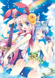  2girls :d ;d animal_ears bad_id bad_pixiv_id bikini bird blonde_hair blue_eyes blue_hair blue_nails cat_ears cloud day eyewear_on_head fingernails frills gradient_hair guitar hairband happy highres instrument long_hair microphone multicolored_hair multiple_girls nail_polish necktie one_eye_closed open_mouth original palm_tree photoshop_(medium) pink_hair pink_nails rabbit_ears rainbow sailor_collar sana.c school_swimsuit short_hair sky smile sparkle summer sunglasses swimsuit tree wading water 