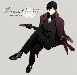  1boy bad_id bad_pixiv_id black_eyes black_gloves black_hair commentary_request crossed_legs dual_wielding formal gloves gun handgun holding komiya_kuniharu male_focus necktie original simple_background sitting smile solo suit weapon 