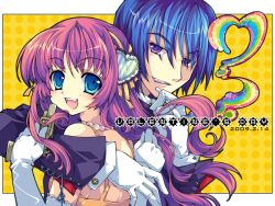  1boy :d bad_id bad_pixiv_id blue_eyes blue_hair cigarette couple derringer elbow_gloves female gloves grin gun hair_ornament hairband hairpin handgun happy hug jewelry long_hair necklace oerba_yun_fang open_mouth original photoshop_(medium) purple_eyes rainbow red_hair sana.c smile straight valentine weapon white_gloves 