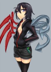  asymmetrical_wings black_hair black_shorts black_thighhighs blush breasts cellphone_charm cellphone_strap charm_(object) cleavage commentary_request contemporary female gia hair_ornament hairclip hands_in_pockets highres hood hoodie houjuu_nue looking_at_viewer no_bra purple_eyes short_hair shorts simple_background small_breasts solo thighhighs touhou ufo unzipped wings 